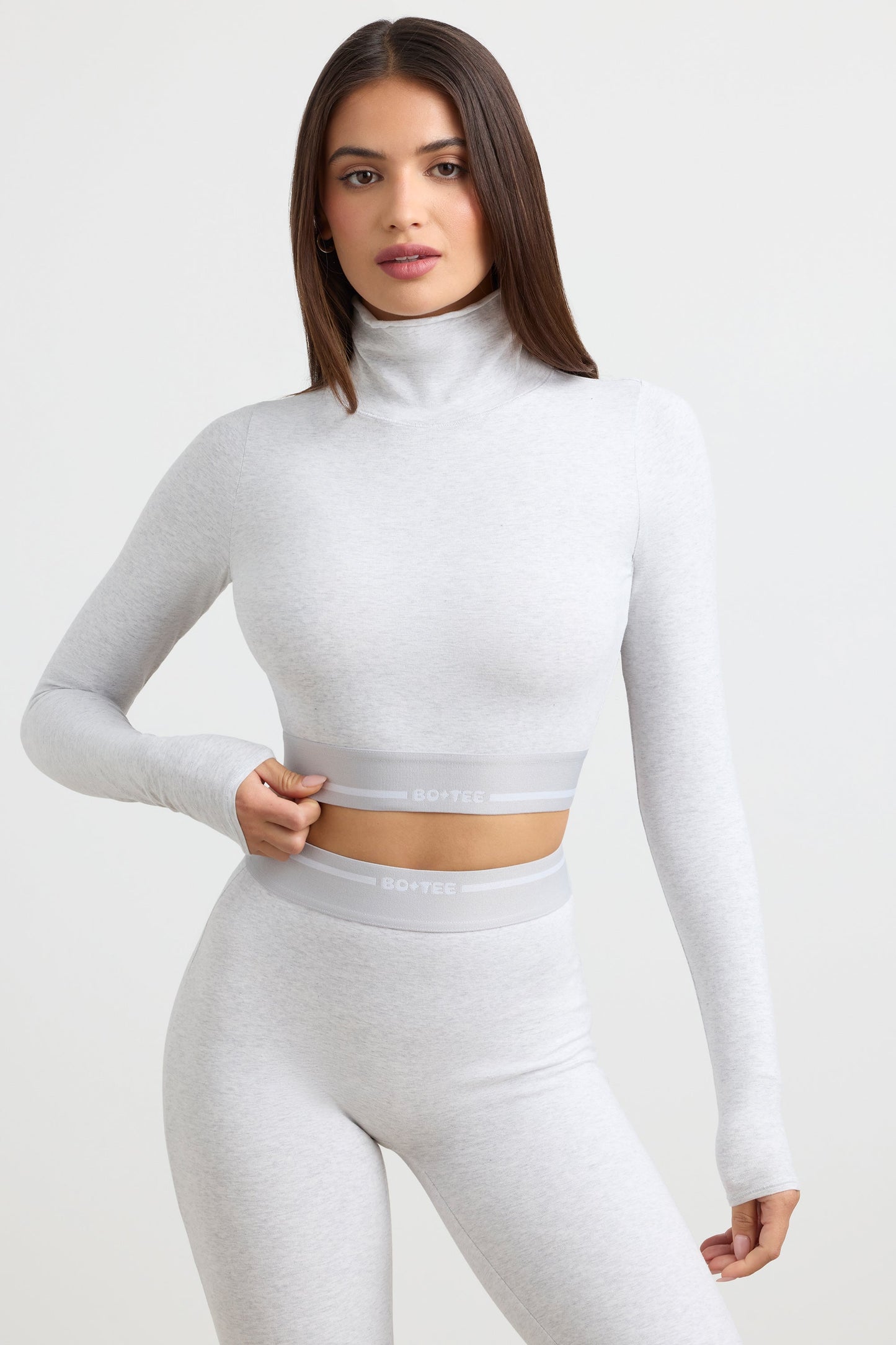 Stretch Cotton Jersey Backless Turtleneck Long-Sleeve Crop Top in Grey Marl