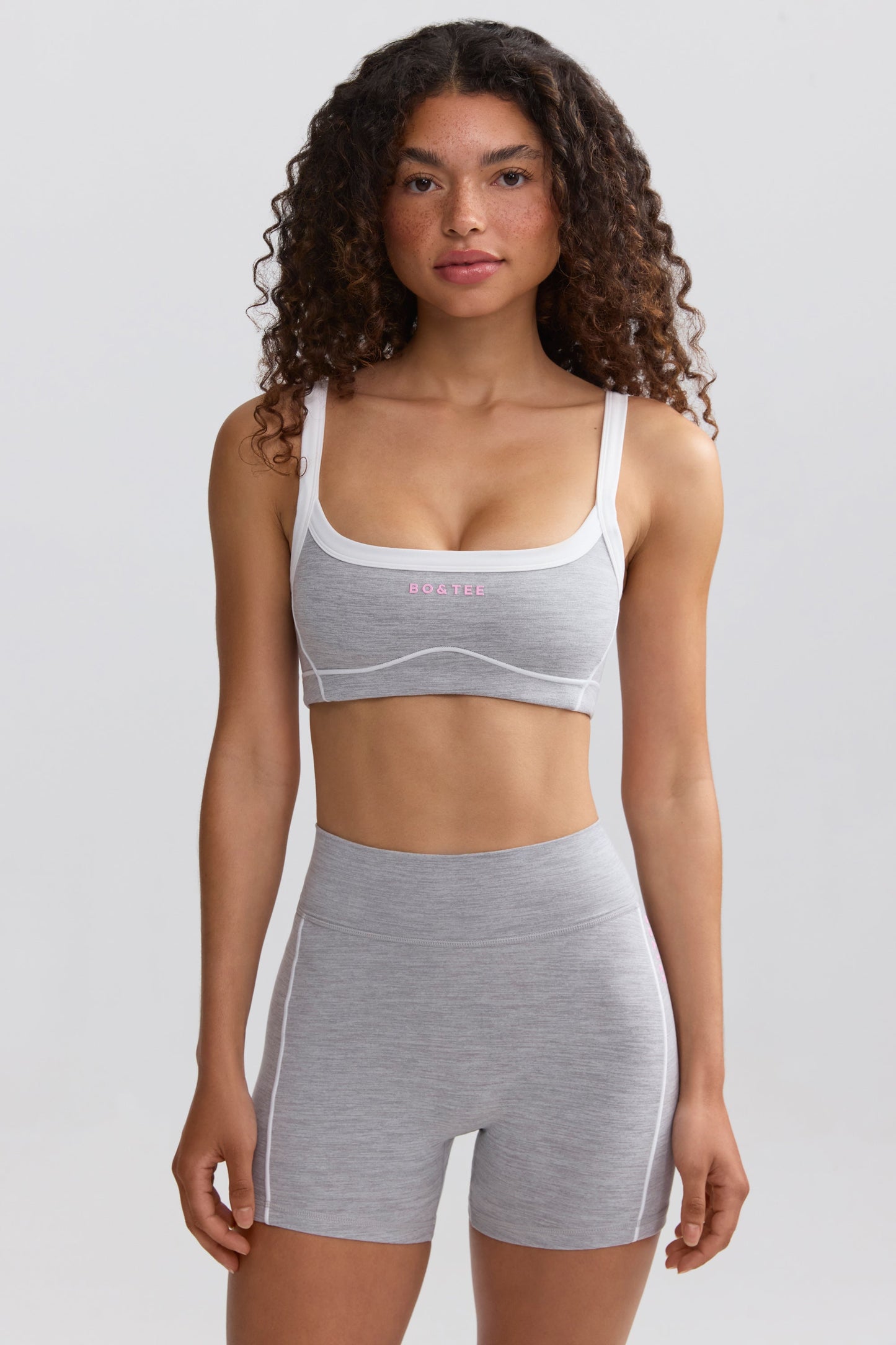 Soft Active Contrast-Trim Mini Shorts in Marl Grey