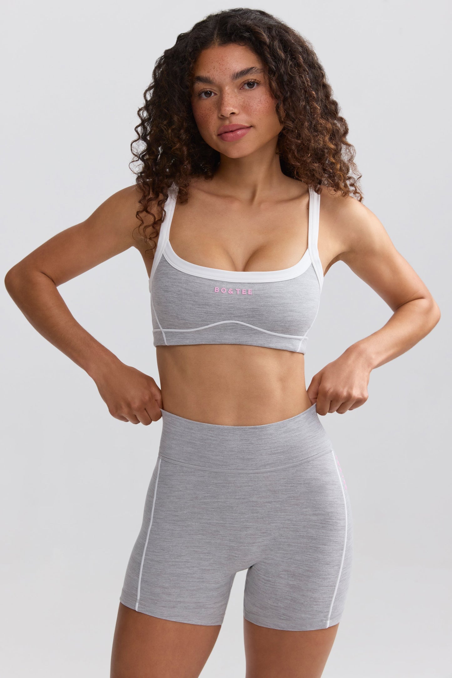 Soft Active Contrast-Trim Mini Shorts in Marl Grey