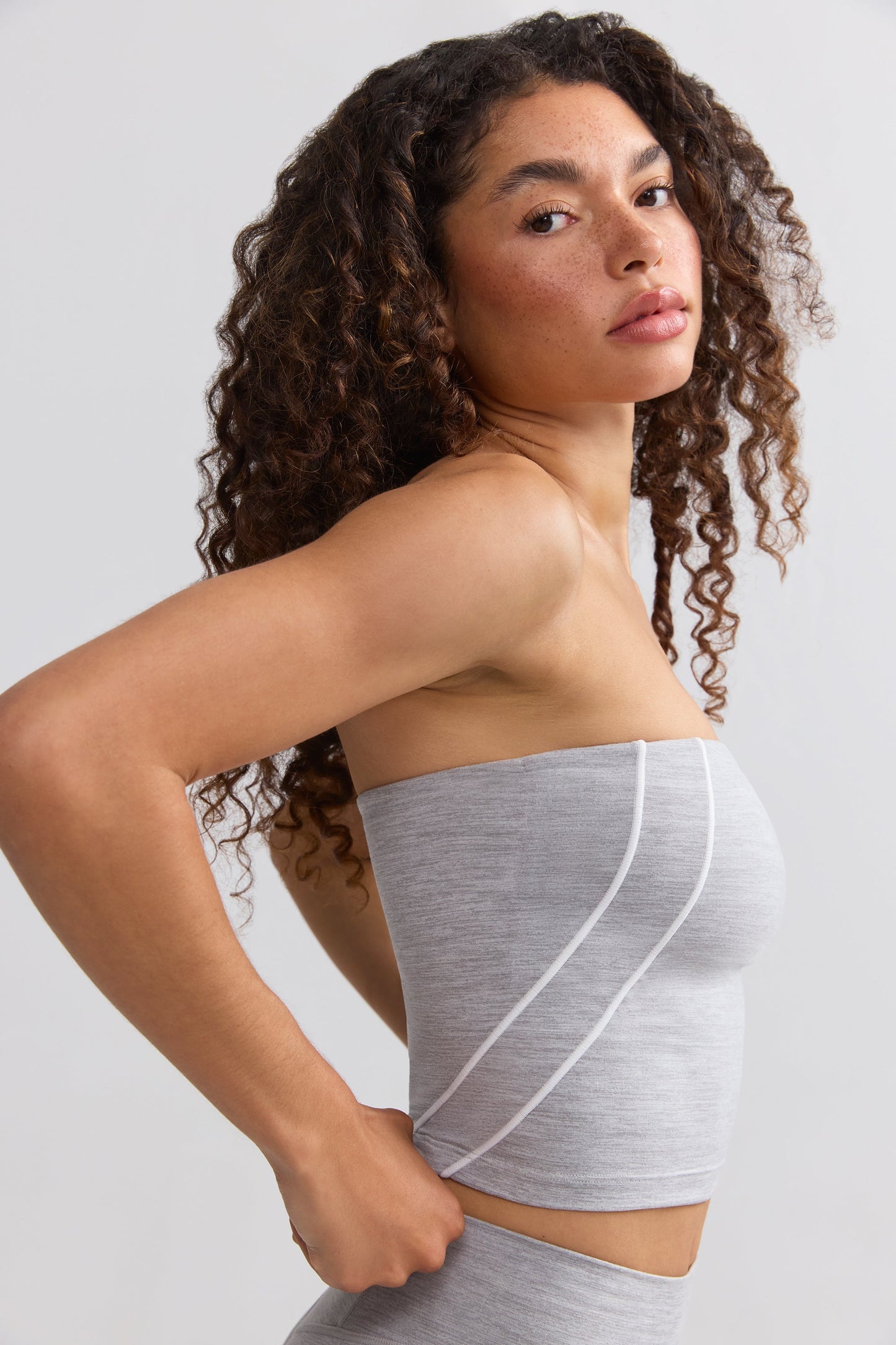 Soft Active Contrast-Trim Bandeau Top in Marl Grey