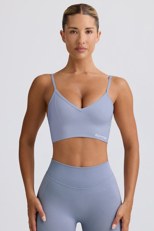 Define Luxe V-Neck Sports Bra in Blue Grey