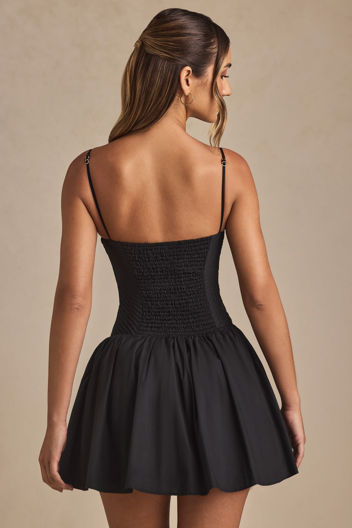 Pintucked Shirred Mini Dress in Black