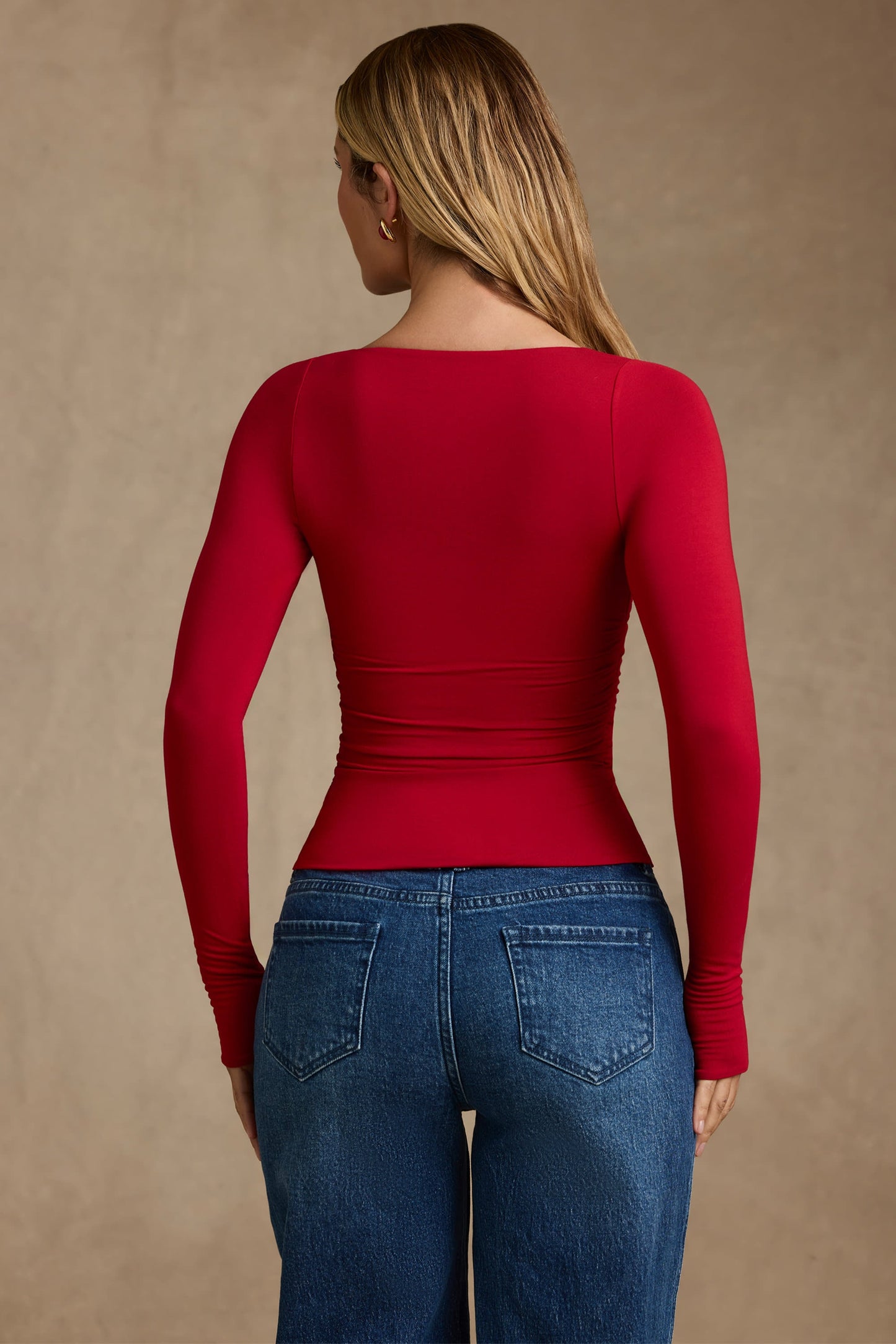 Modal Ruched Long-Sleeve Top in Red