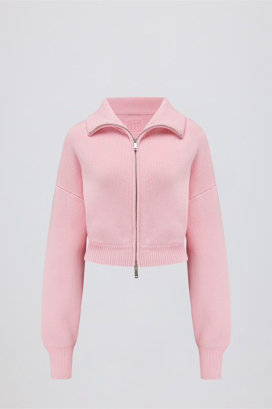 Ribbed-Knit Cropped Zip-Up Sweatshirt in Pale Pink