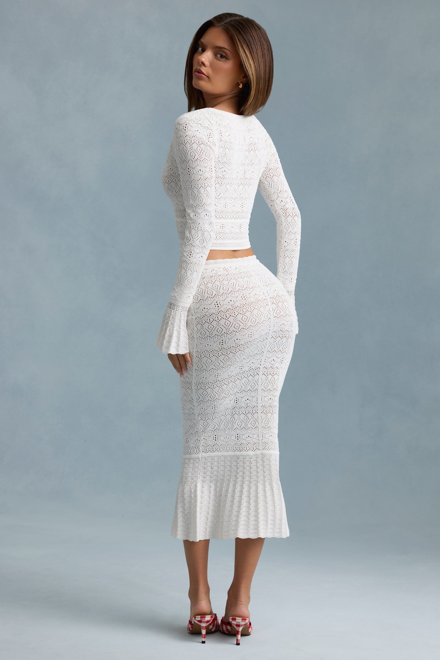 Ruffle-Trim Pointelle-Knit Midaxi Skirt in White