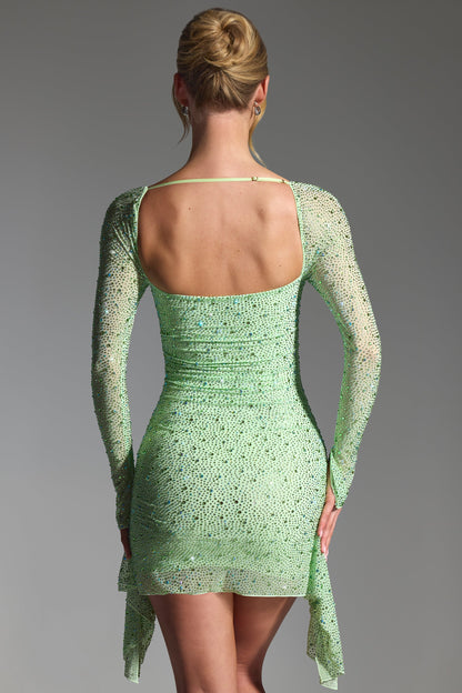 Embellished Draped Cowl-Neck Mini Dress in Pistachio