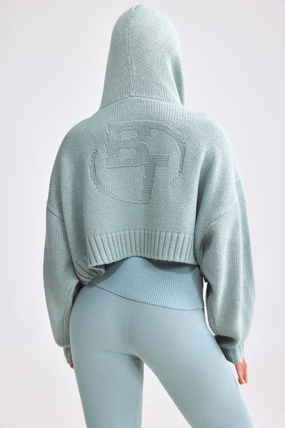 Cropped Zip-Up Chunky Knit Hoodie in Dusty Teal