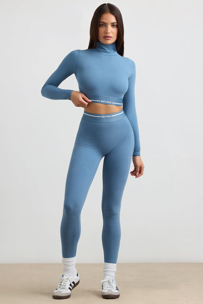Stretch Cotton Jersey Backless Turtleneck Long-Sleeve Crop Top in Steel Blue