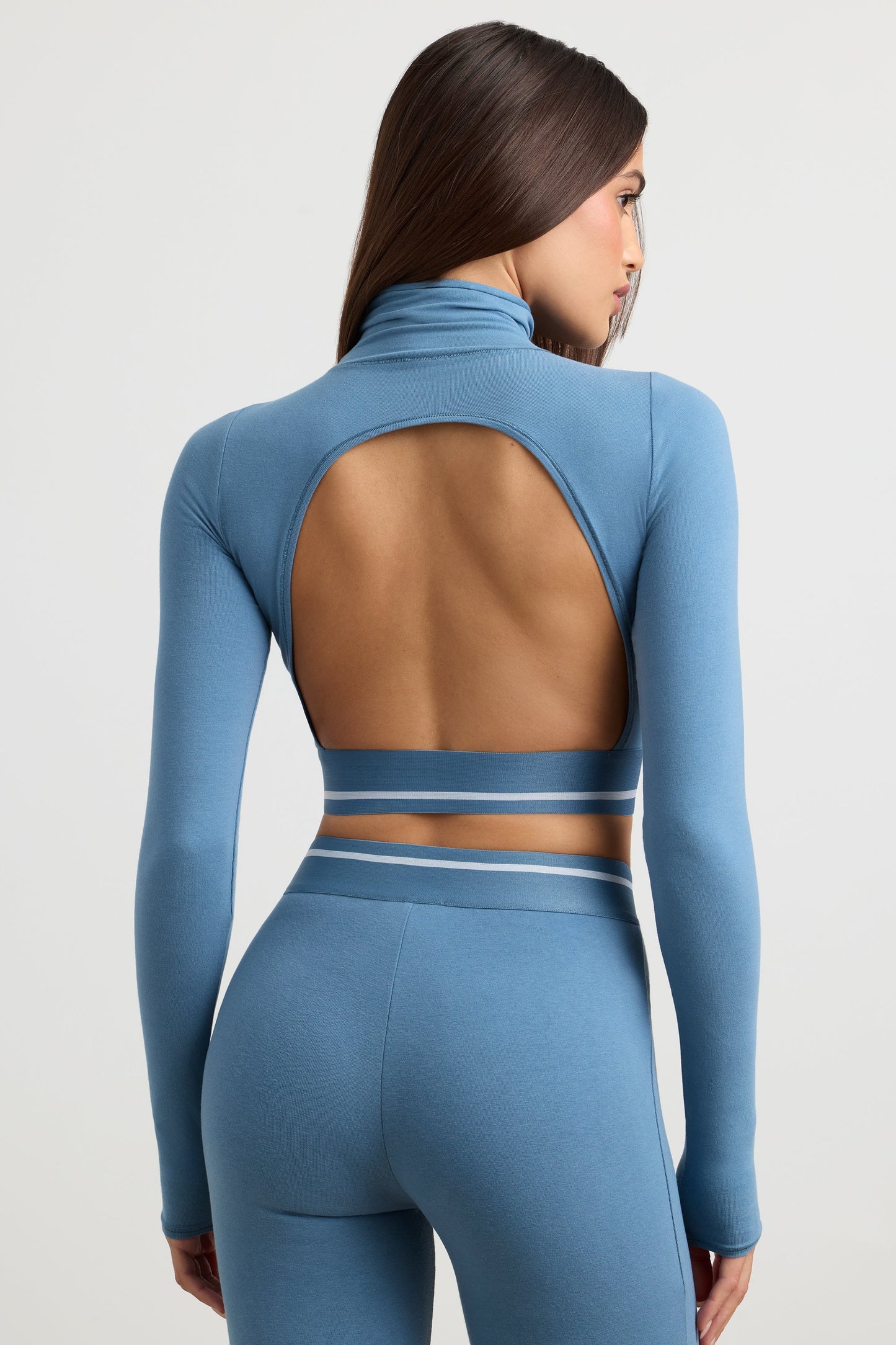 Stretch Cotton Jersey Backless Turtleneck Long-Sleeve Crop Top in Steel Blue