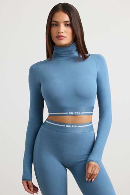Stretch Cotton Jersey Backless Turtleneck Long-Sleeve Crop Top in Steel Blue