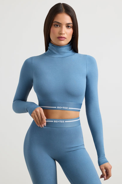 Stretch Cotton Jersey Backless Turtleneck Long-Sleeve Crop Top in Steel Blue