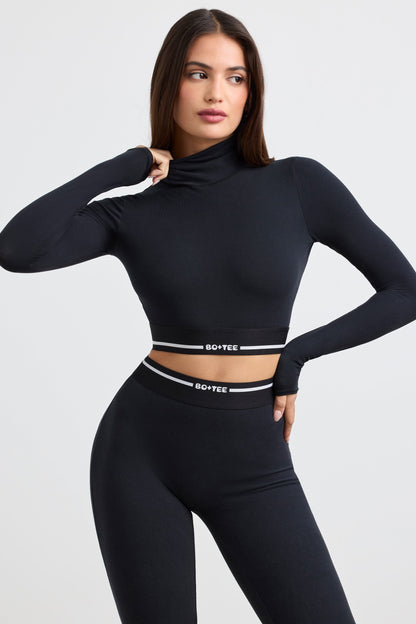 Stretch Cotton Jersey Backless Turtleneck Long-Sleeve Crop Top in Black