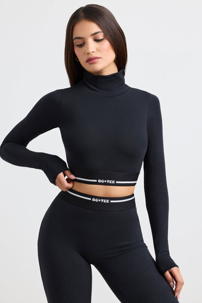 Stretch Cotton Jersey Backless Turtleneck Long-Sleeve Crop Top in Black