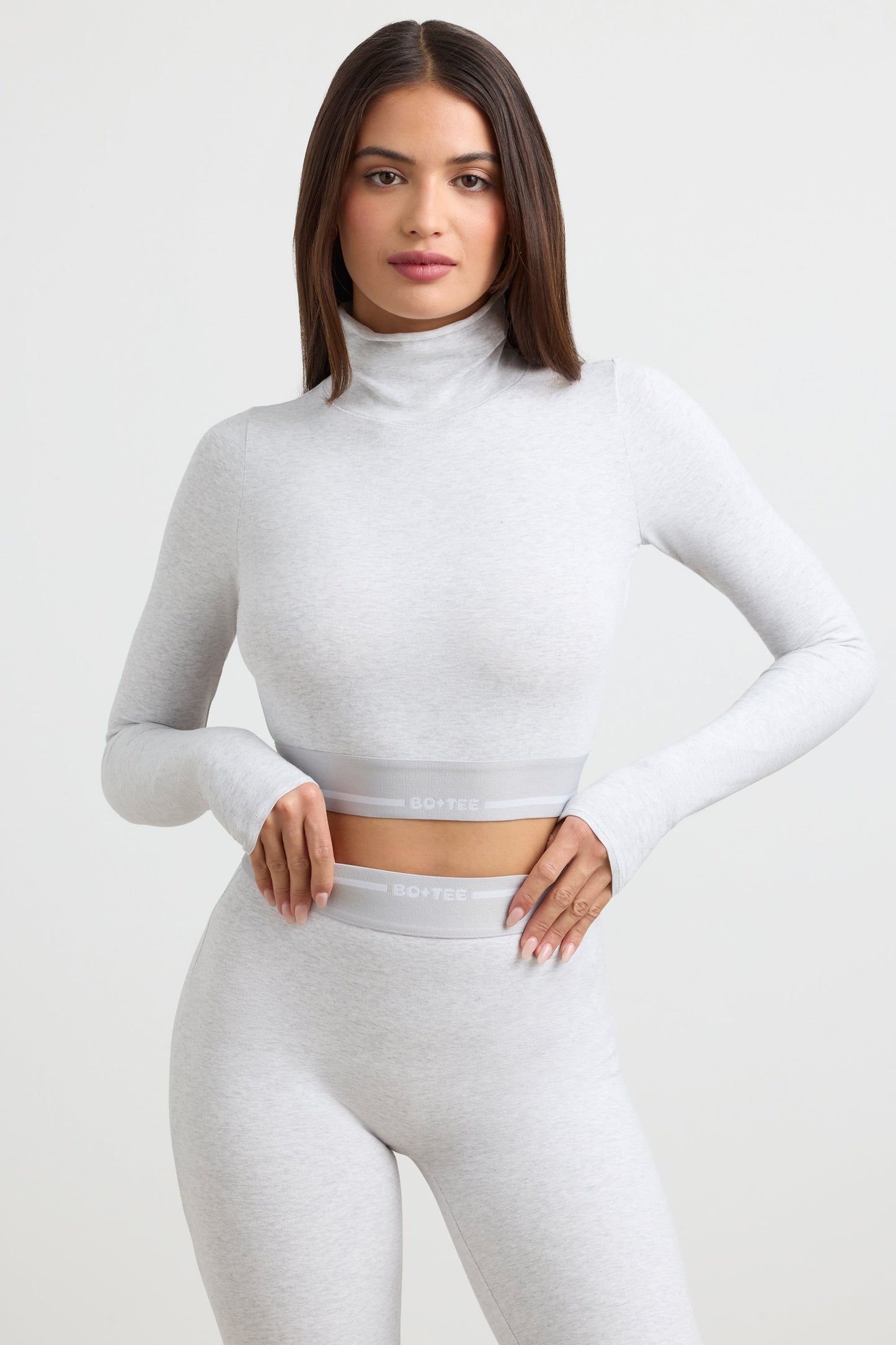 Stretch Cotton Jersey Backless Turtleneck Long-Sleeve Crop Top in Grey Marl