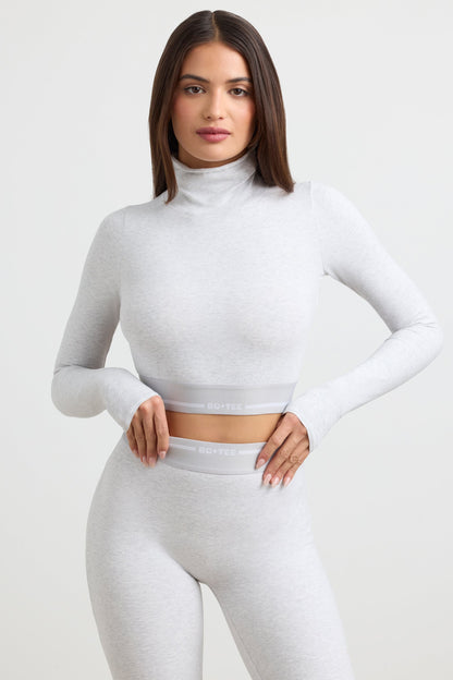 Stretch Cotton Jersey Backless Turtleneck Long-Sleeve Crop Top in Grey Marl