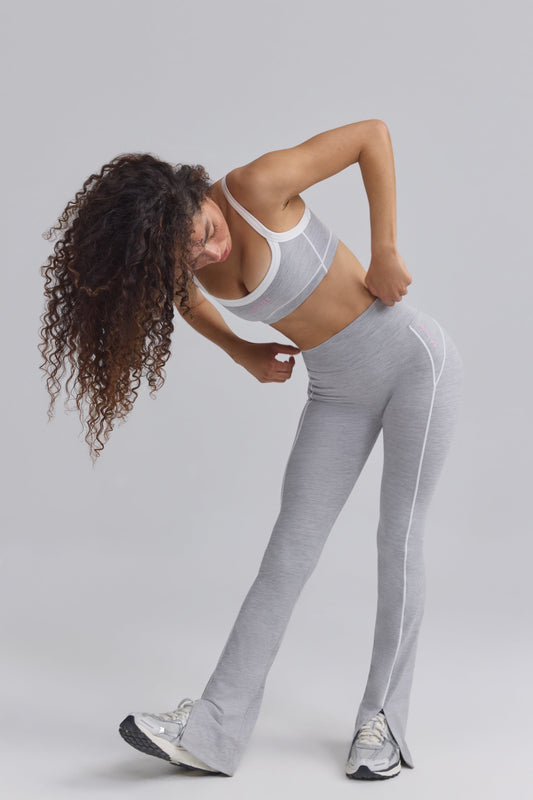 Soft Active Contrast-Trim Flared Trousers in Marl Grey