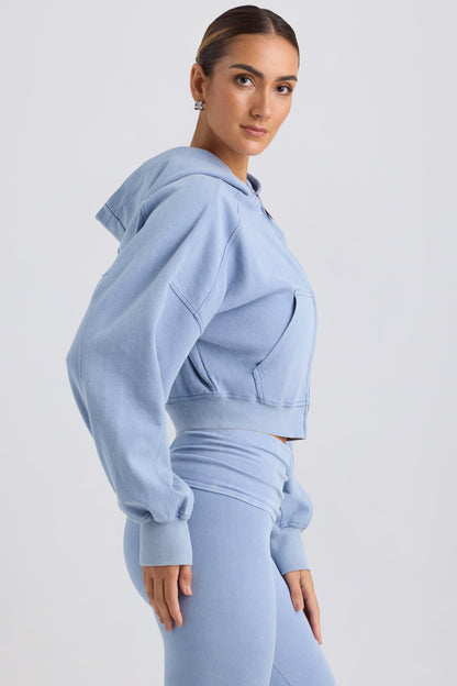 Zip-Up Cropped Hoodie in Washed Blue