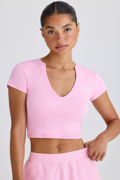 Stretch Cotton Jersey Graphic Print Cropped T-Shirt in Bubblegum Pink