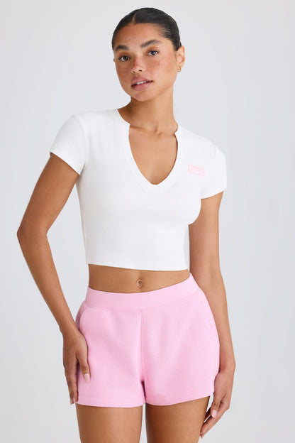 Stretch Cotton Jersey Graphic Print Cropped T-Shirt in White