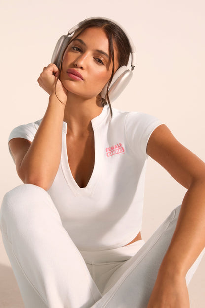 Stretch Cotton Jersey Graphic Print Cropped T-Shirt in White