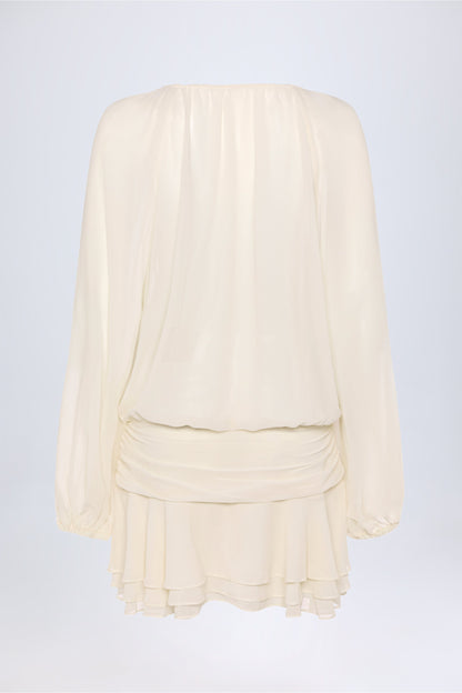 Lace-Up Balloon-Sleeve Mini Dress in Ivory