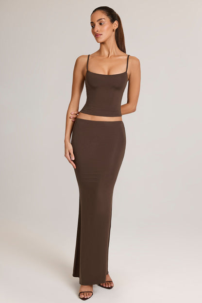 Modal Mid-Rise Fishtail Maxi Skirt in Chocolate Brown