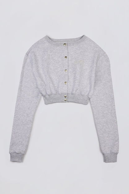 Button-Up Cropped Cardigan in Grey Marl