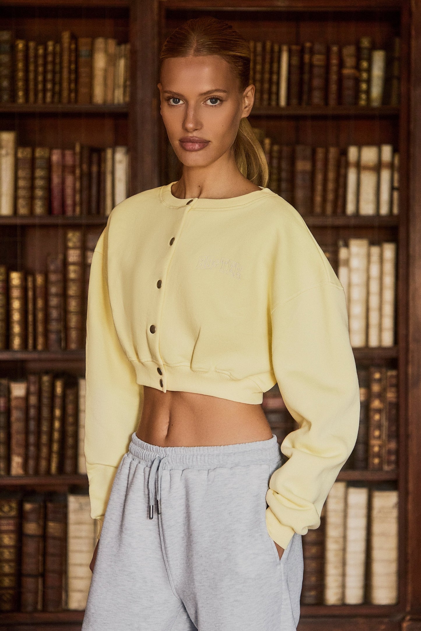Button-Up Cropped Cardigan in Soft Yellow