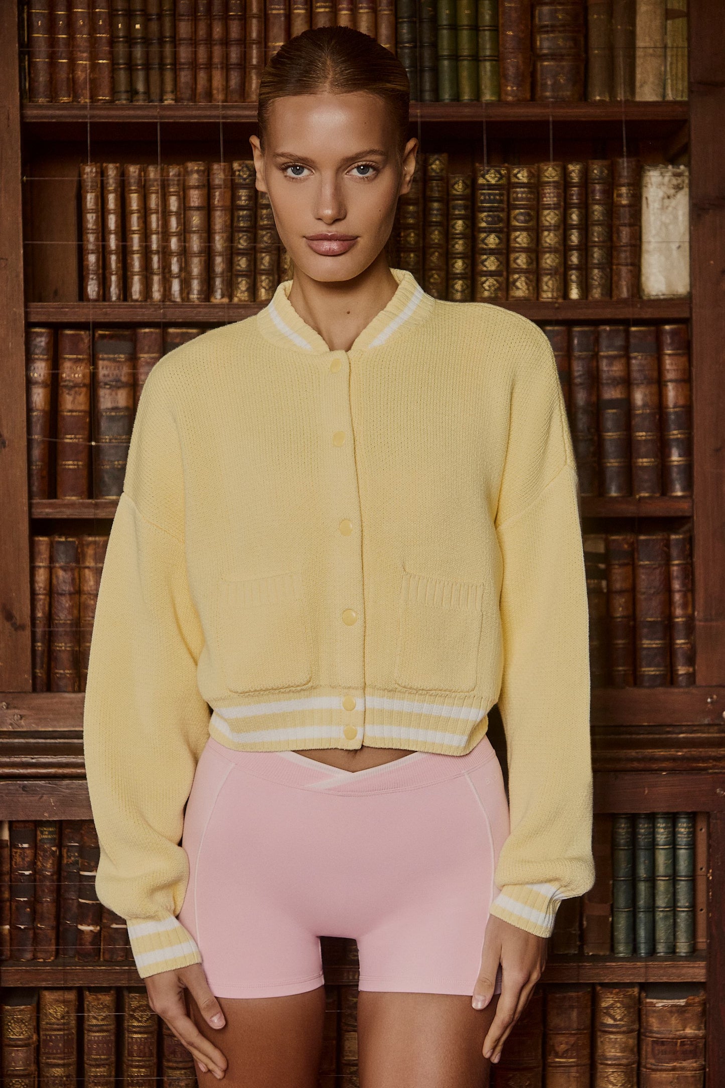 Button-Up Cropped Knit Cardigan in Soft Yellow