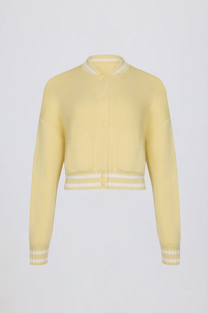 Button-Up Cropped Knit Cardigan in Soft Yellow