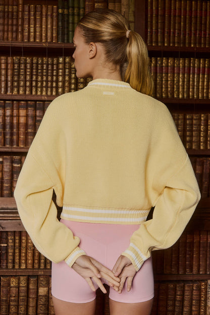 Button-Up Cropped Knit Cardigan in Soft Yellow