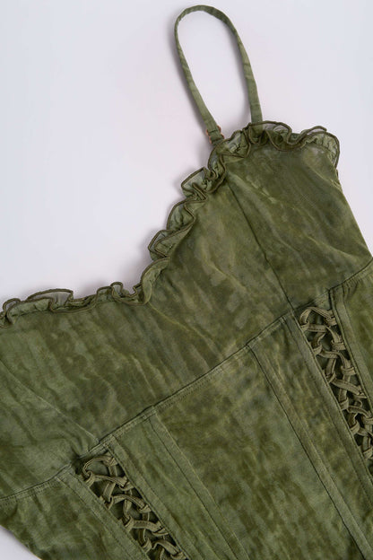 Lace-Up Ruffled Flared Jumpsuit in Green Print