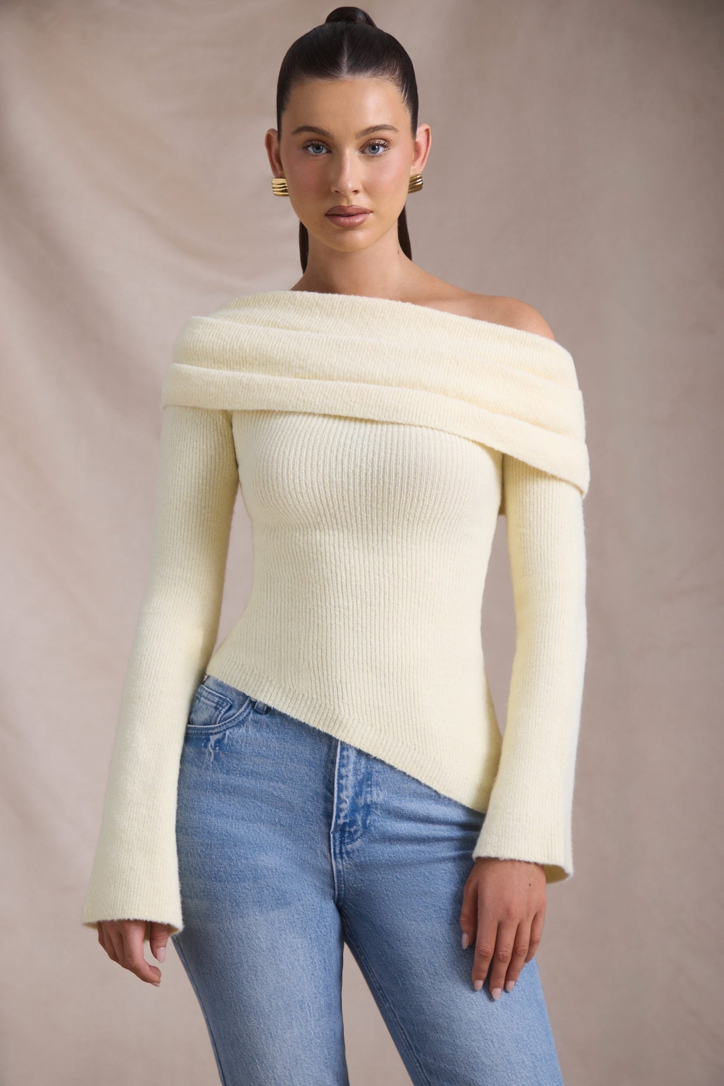 Ribbed-Knit Asymmetric Off-Shoulder Jumper in Butter Yellow