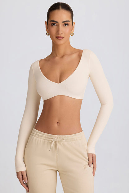 Ribbed Modal Long-Sleeve Crop Top in Ecru