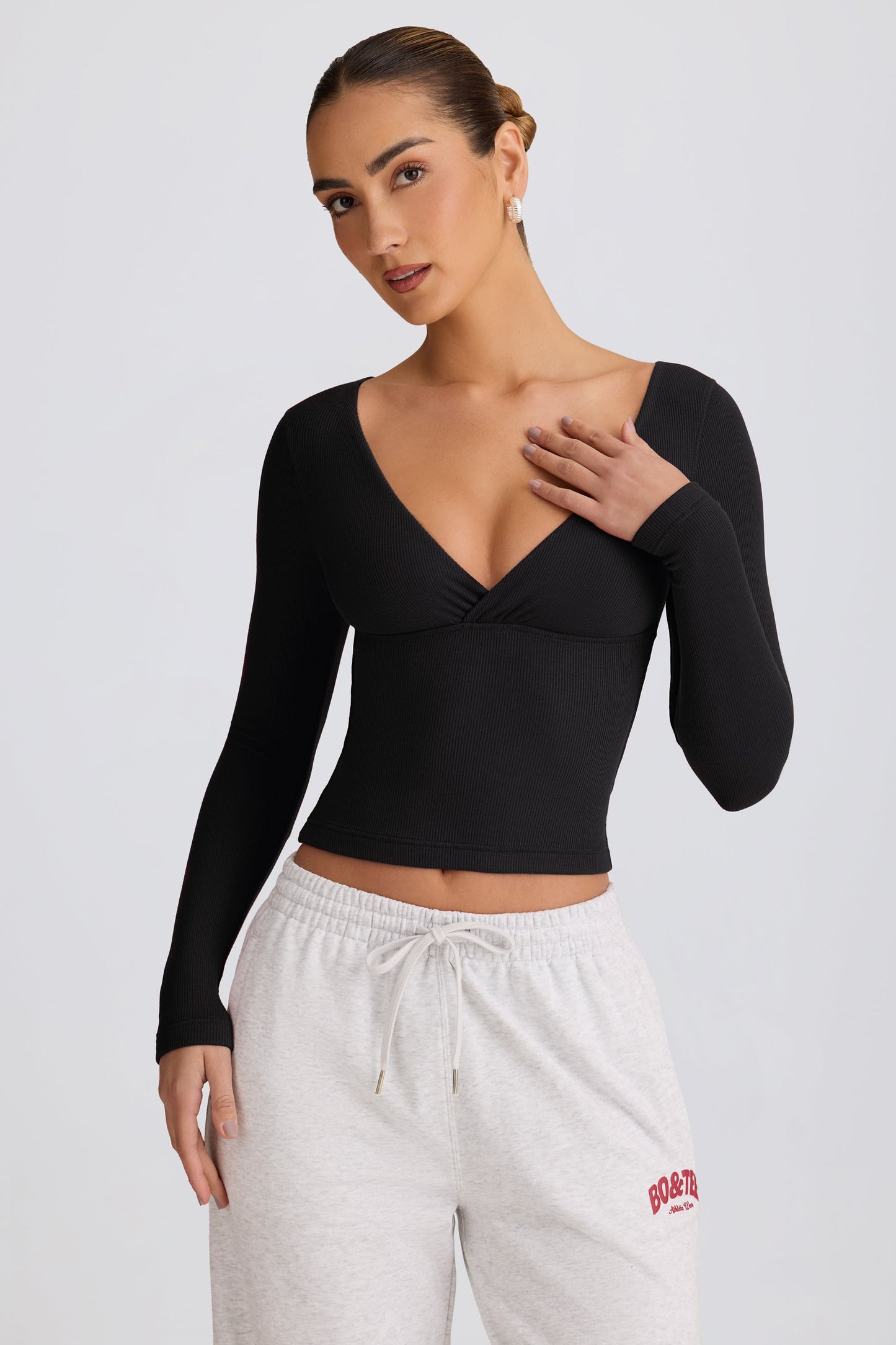 Ribbed Modal Ruched V-Neck Top in Black