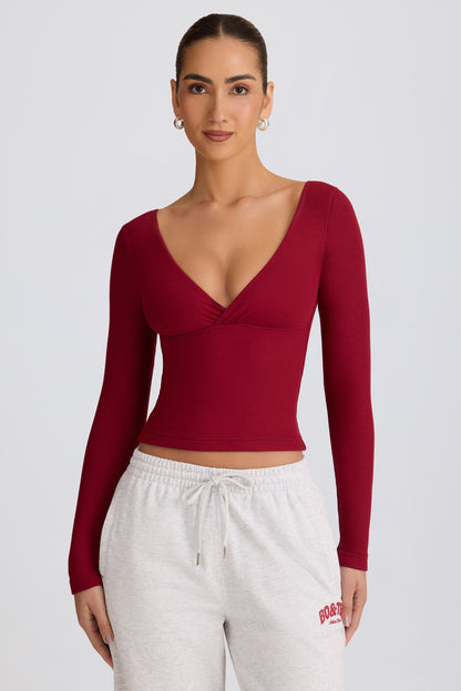 Ribbed Modal Ruched V-Neck Top in Burgundy