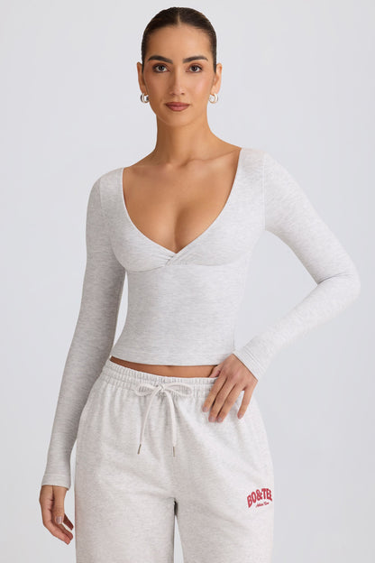 Ribbed Modal Ruched V-Neck Top in Grey Marl