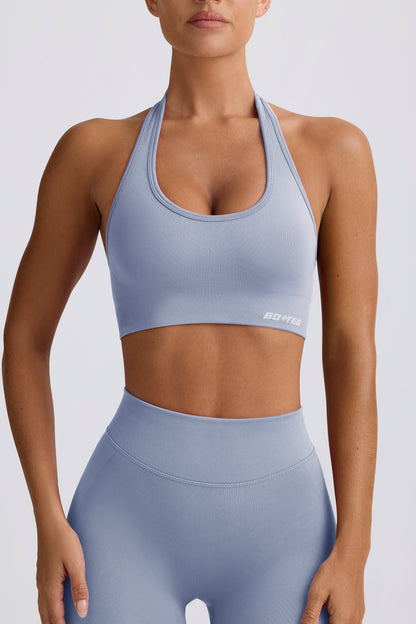 Define Luxe Halterneck Sports Bra in Blue Grey