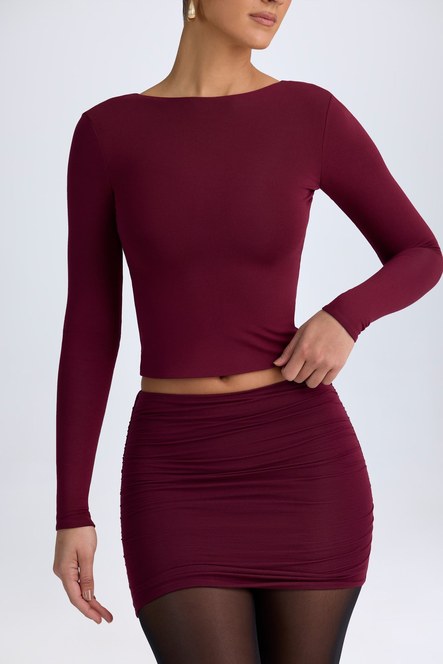 Modal High Neck Long Sleeve Open Back Top in Wine Red