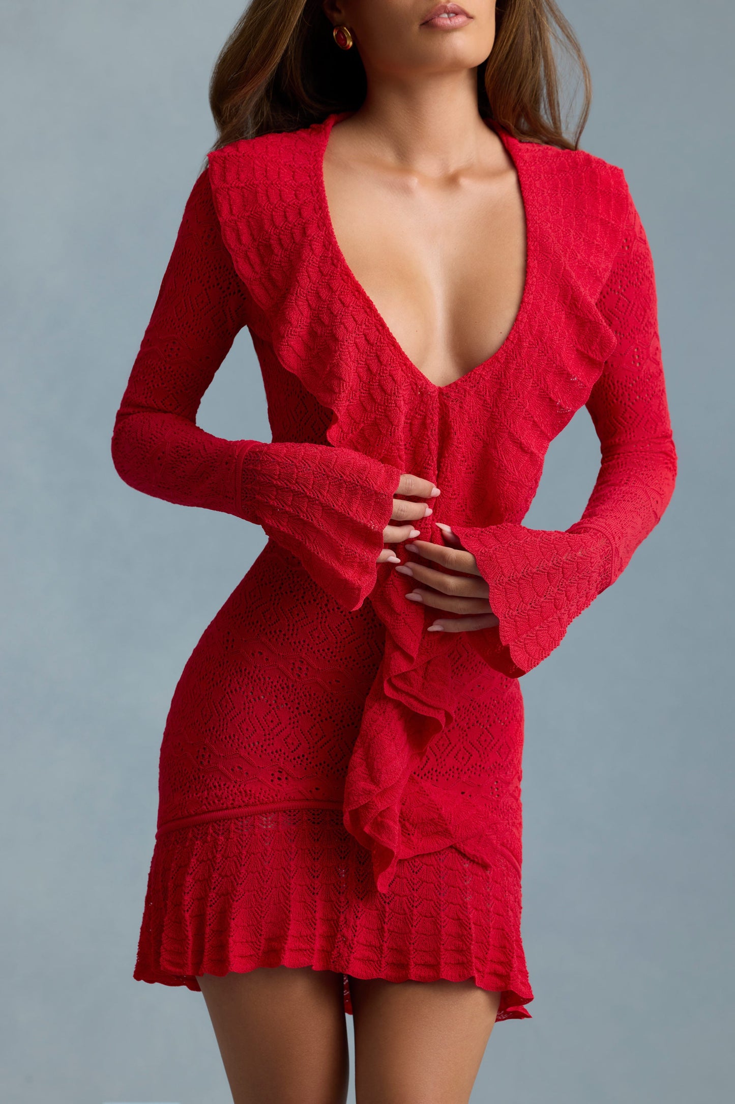 Ruffle-Trim Pointelle-Knit Mini Dress in Scarlet Red