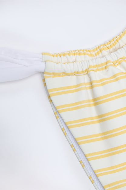 Ruched Cheeky Bikini Bottoms in Lemon Yellow Double Stripe