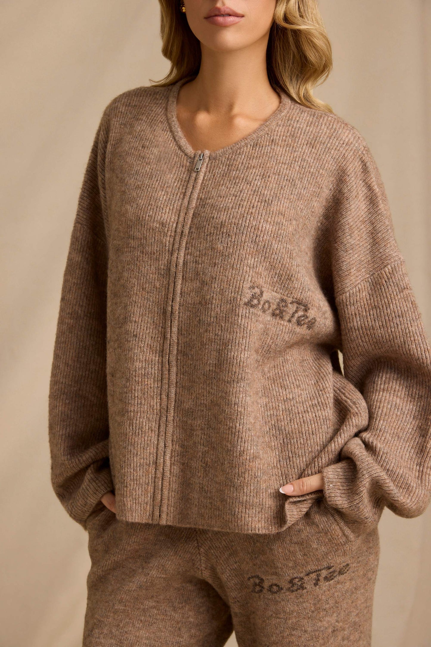 Oversized Zip-Up Cardigan in Brown Marl