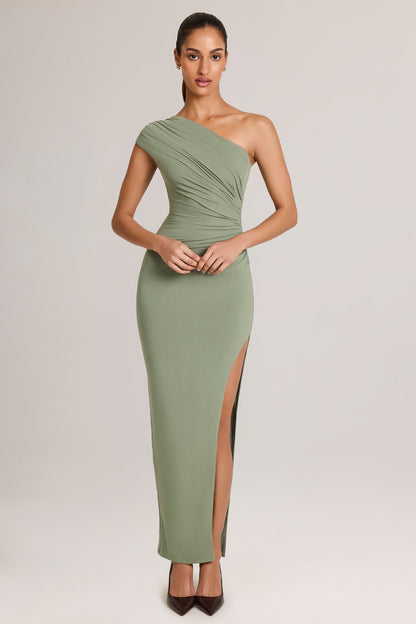 Modal Asymmetric Ruched Maxi Dress  in Sage Green