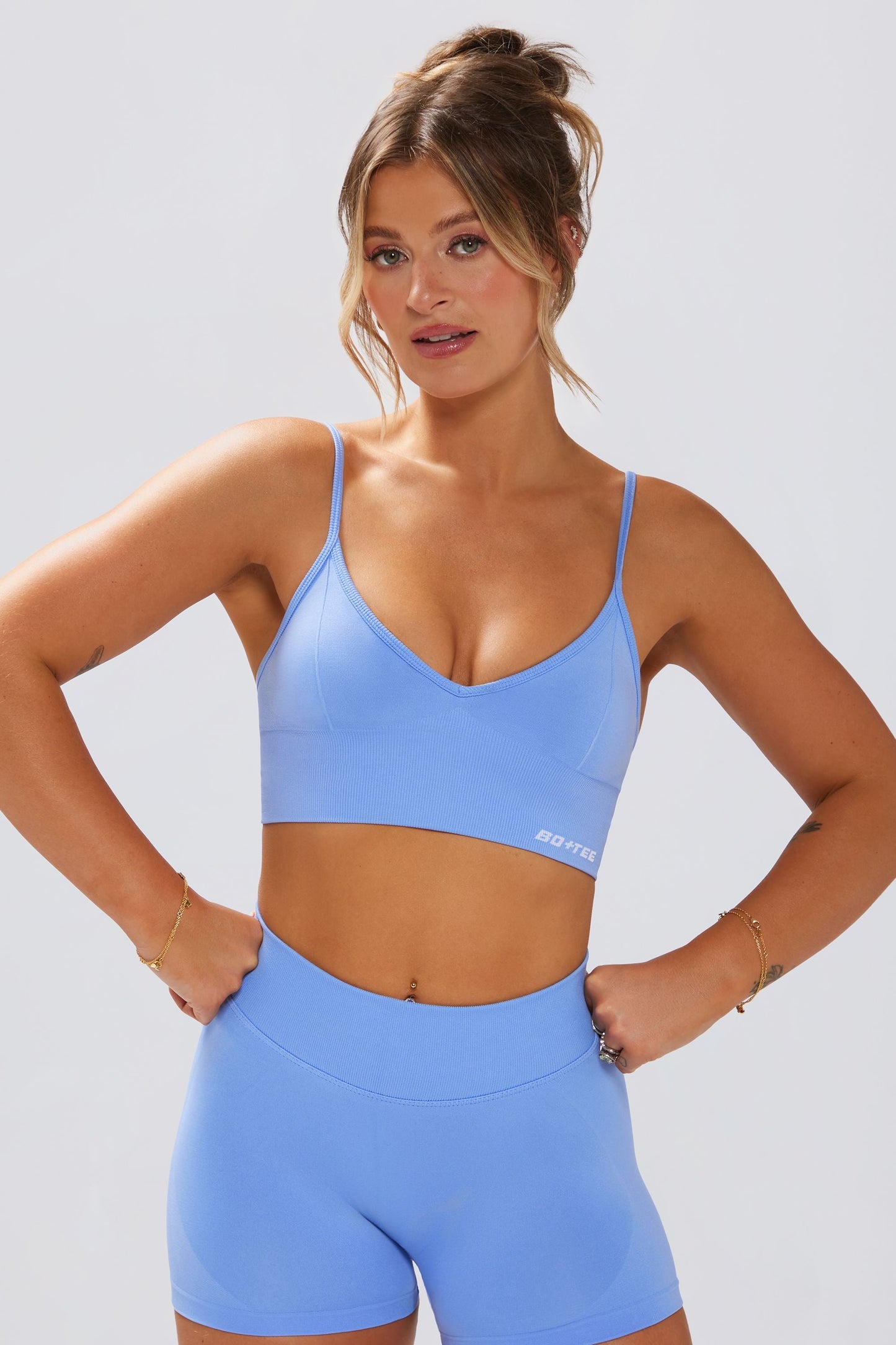 Define Luxe V-Neck Sports Bra in Light Blue