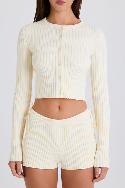 Ribbed-Knit Button-Up Cardigan in Cream