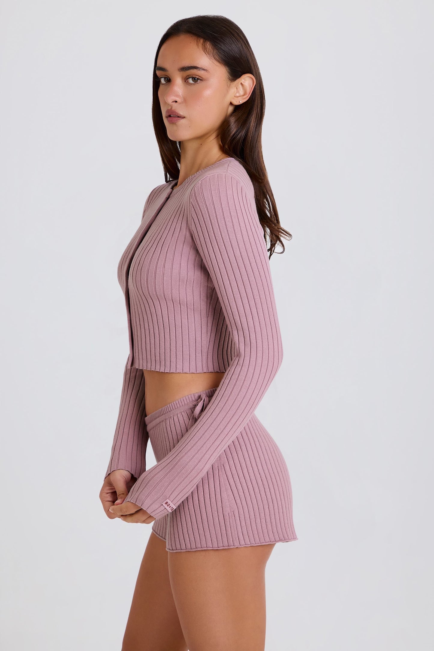 Ribbed-Knit Button-Up Cardigan in Mauve