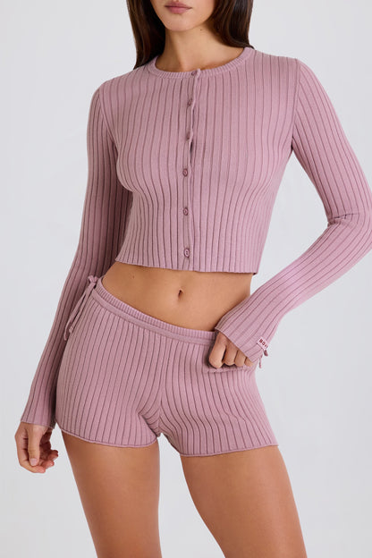 Ribbed-Knit Button-Up Cardigan in Mauve