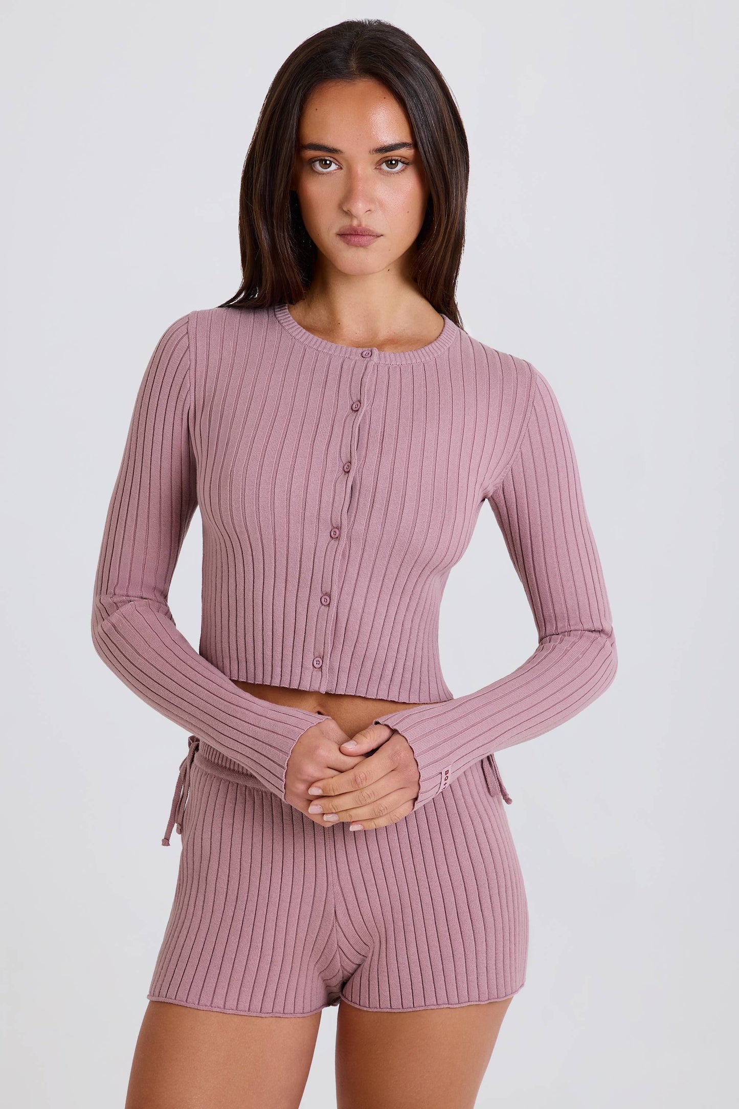 Ribbed-Knit Button-Up Cardigan in Mauve