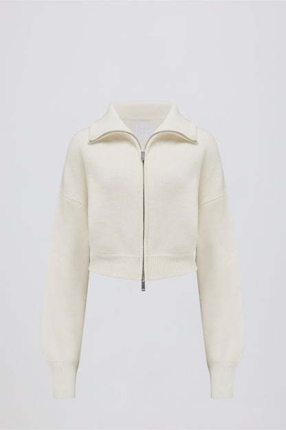 Ribbed-Knit Cropped Zip-Up Sweatshirt in Ivory