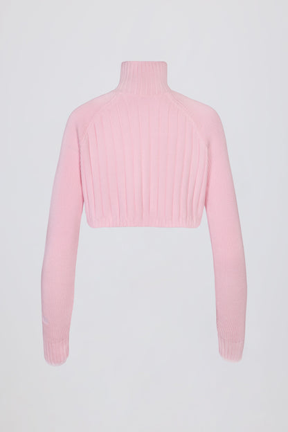Ribbed-Knit Quarter-Zip Cropped Jumper in Powder Pink